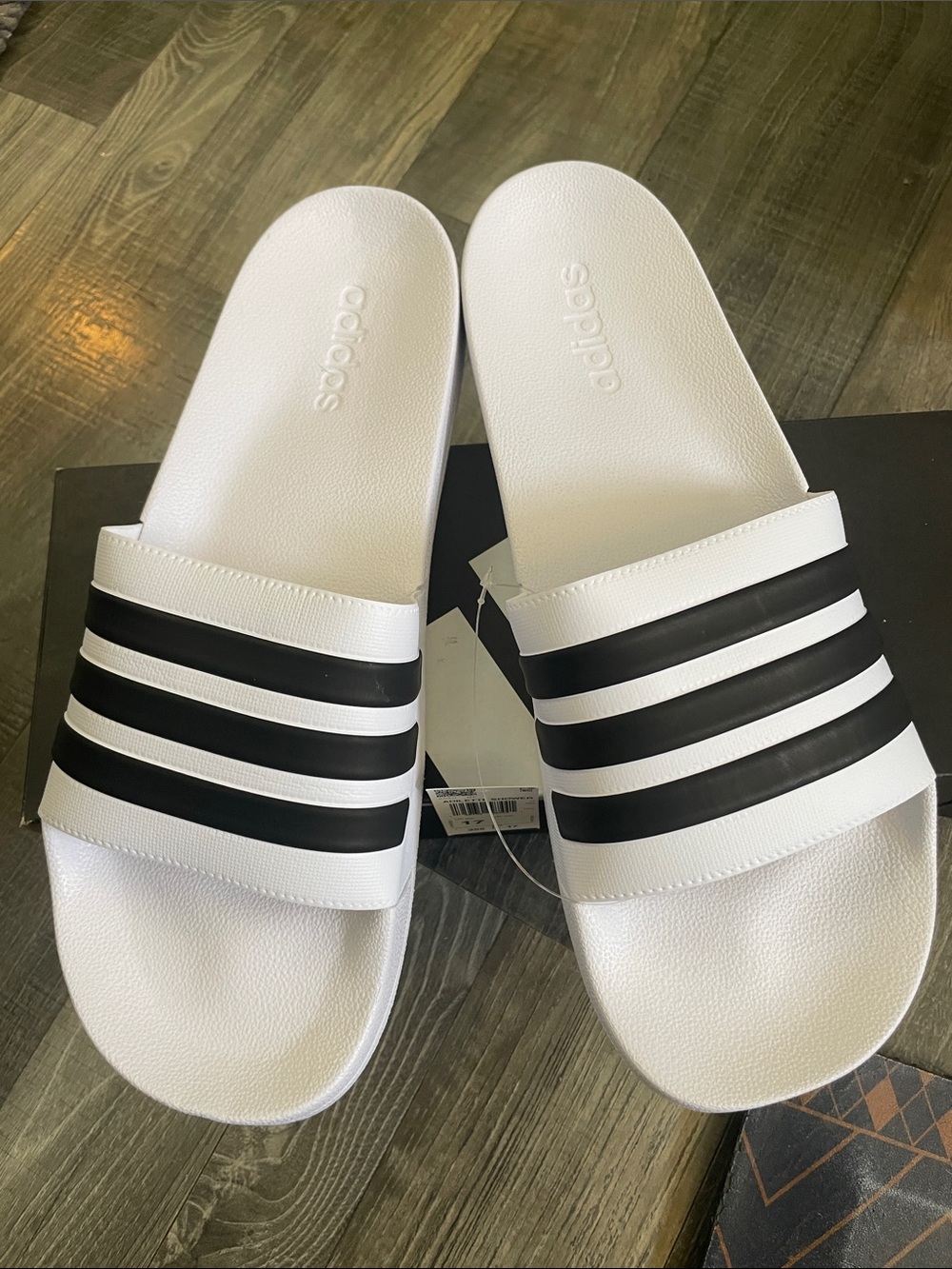 adidas White and Black Three-Stripe Slide Sandals